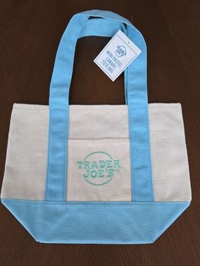 NWT Trader Joes Mini Pastel Canvas Tote Bag in Blue & Green Logo Mini Tote Bag